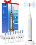 Electric toothbrush set with packaging, toothbrush, and multiple brush heads on a white background
