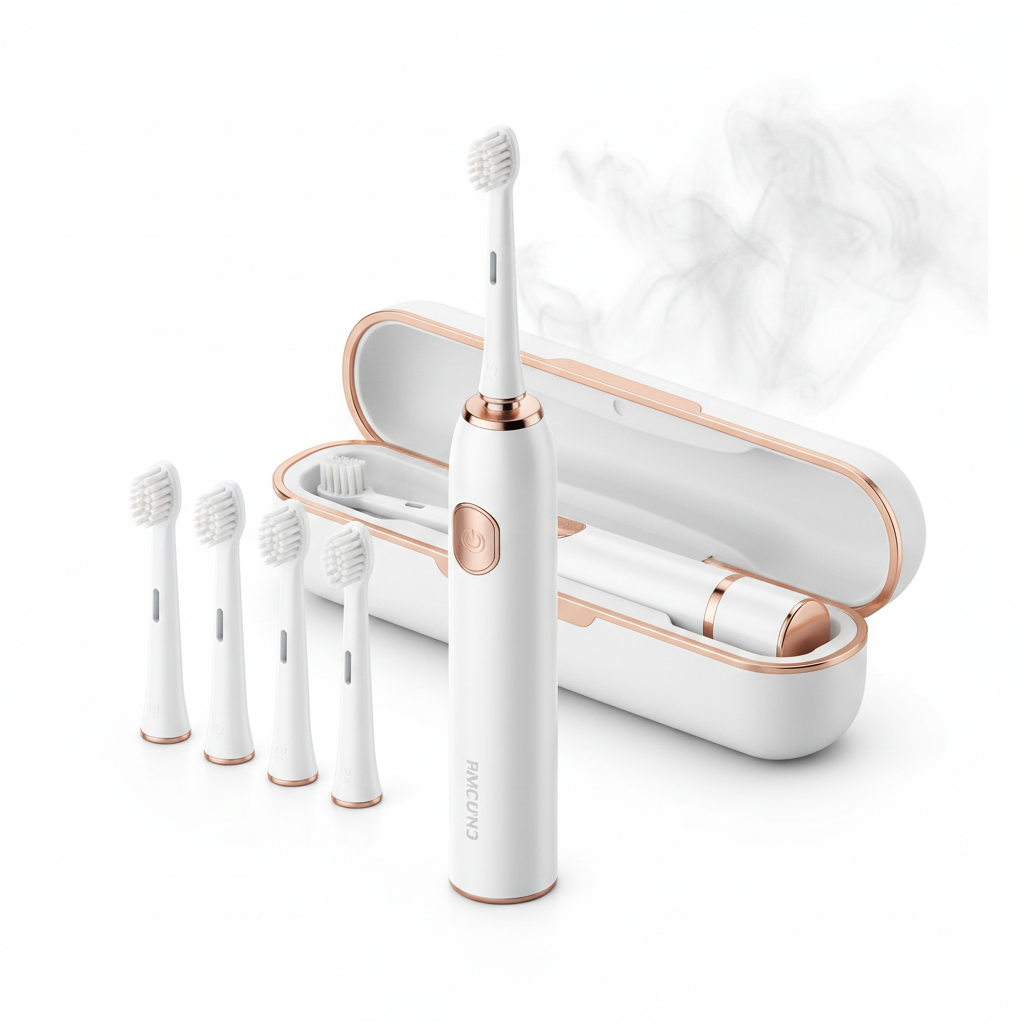 Smart electric toothbrush white rose gold with 4 brush heads and travel case