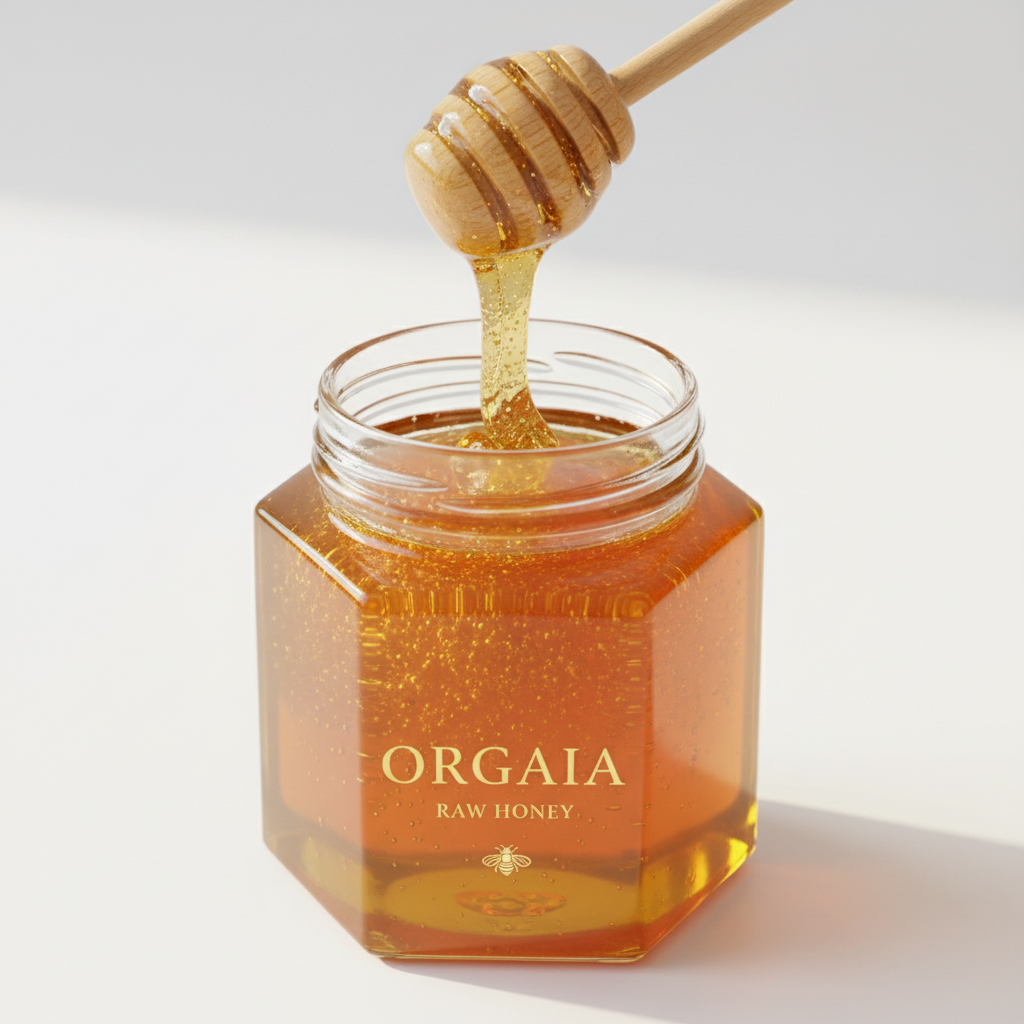 Raw organic honey in glass jar with wooden dipper