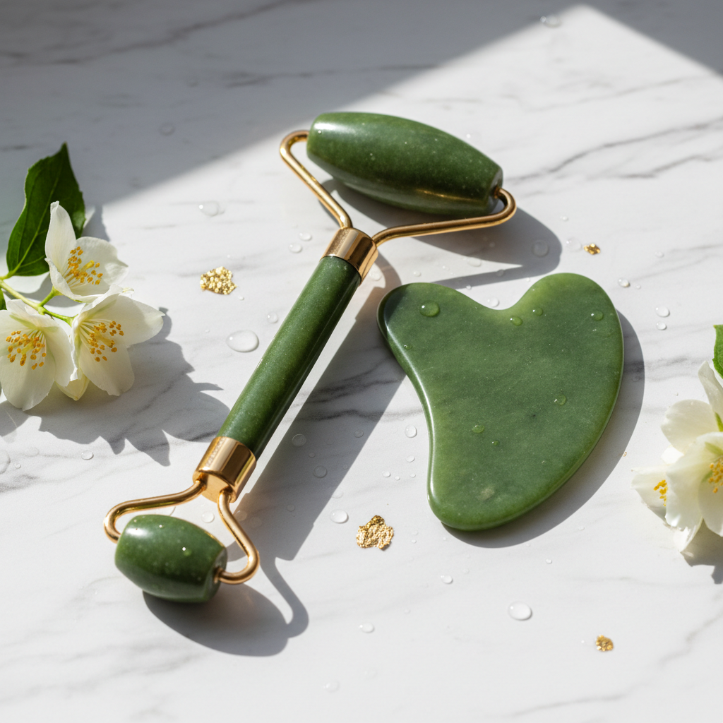 Jade facial roller and gua sha set green jade with gold handle