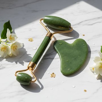 Jade facial roller and gua sha set green jade with gold handle