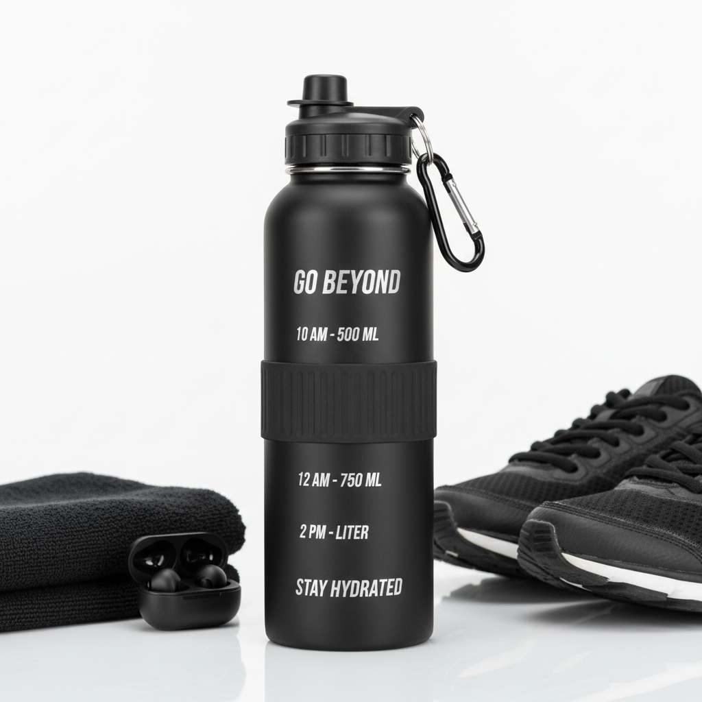 Insulated sports water bottle 1L matte black stainless steel