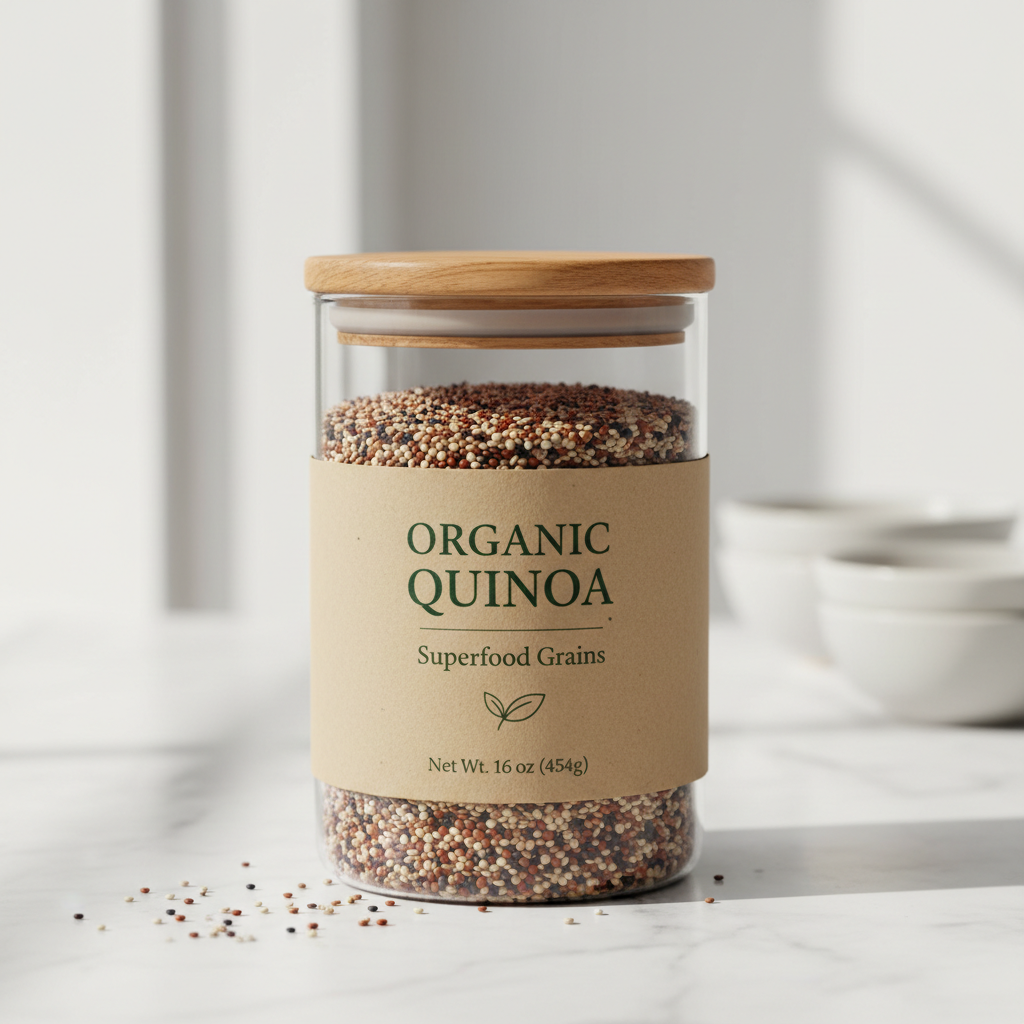 Organic white quinoa in glass jar